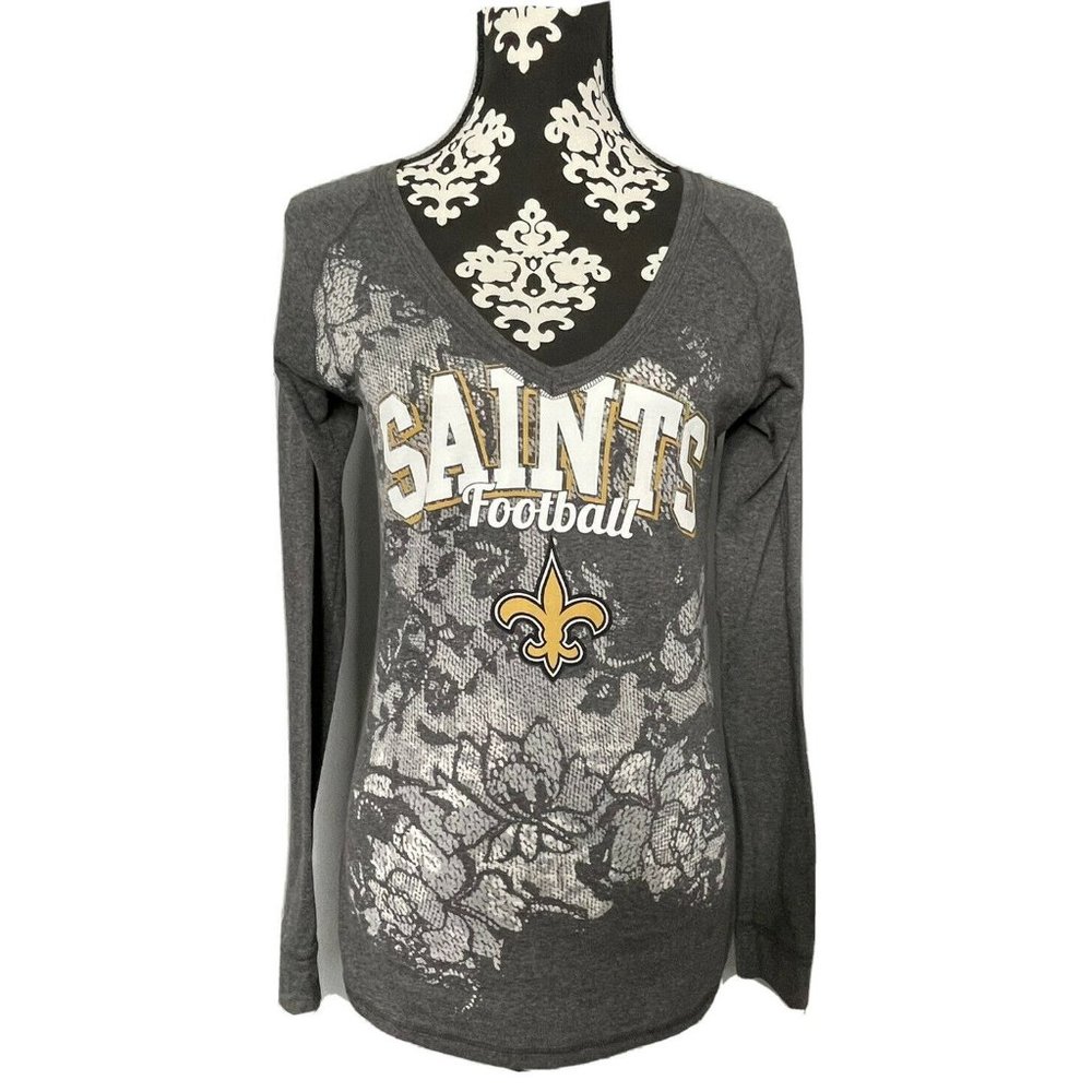 saints nfl new orleans womens shirt Long Sleeve Gray V Neck Top Football